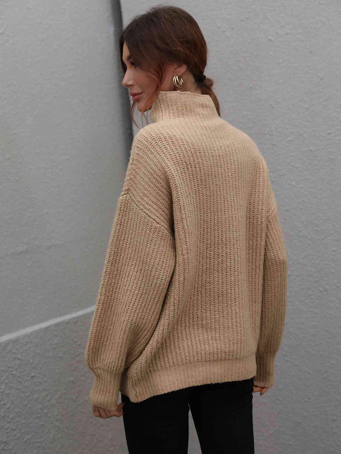 Woven Right High Neck Balloon Sleeve Rib-Knit Pullover Sweater