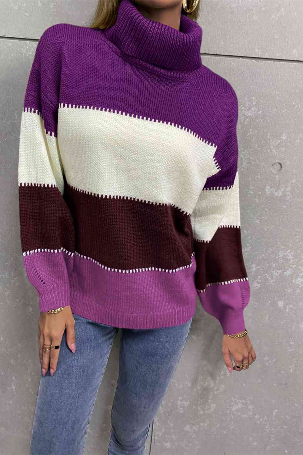 Color Block Lantern Sleeve Turtleneck Sweater - Deals DejaVu