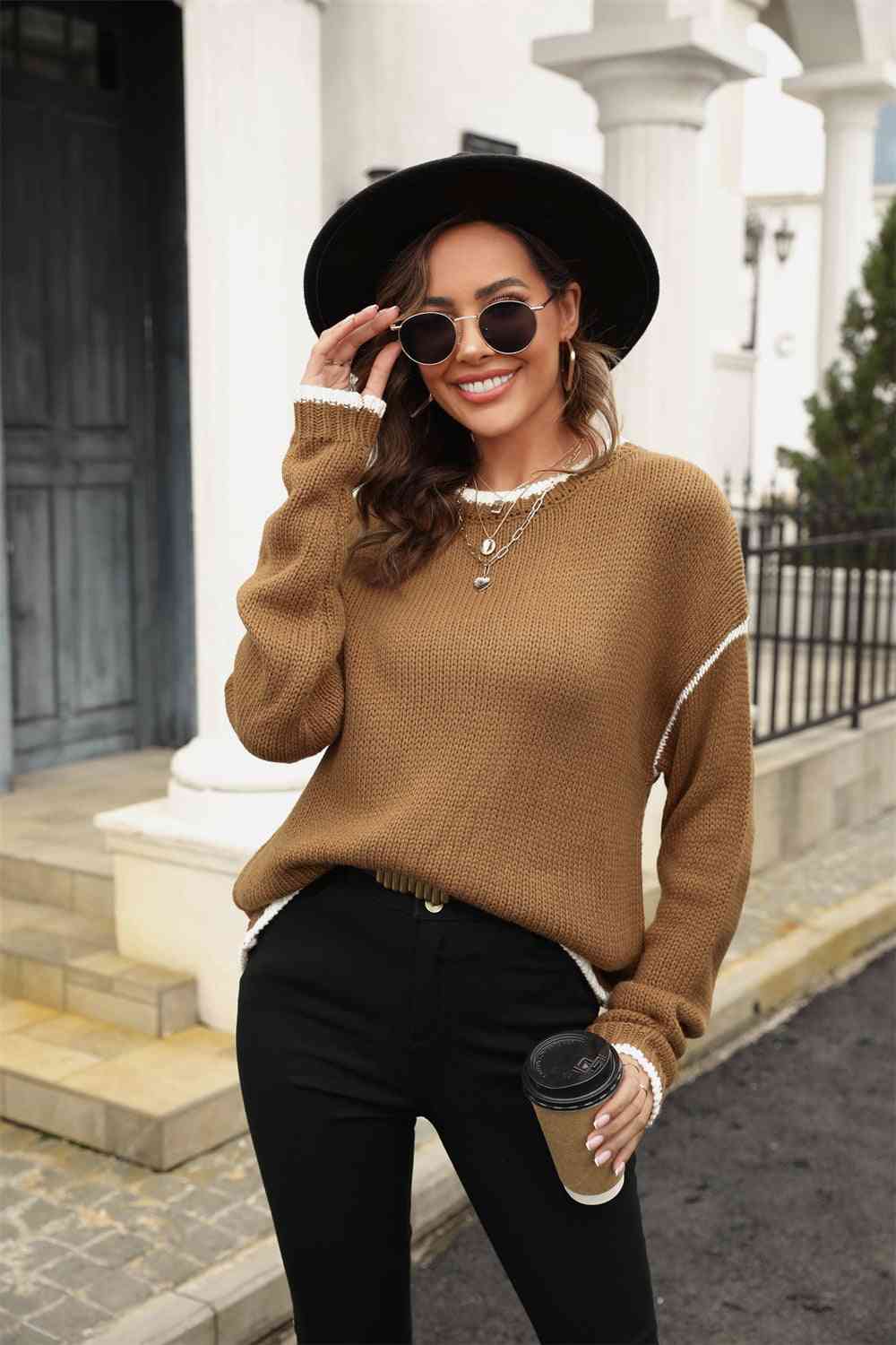 Round Neck Long Sleeve Waffle-Knit Sweater - Deals DejaVu