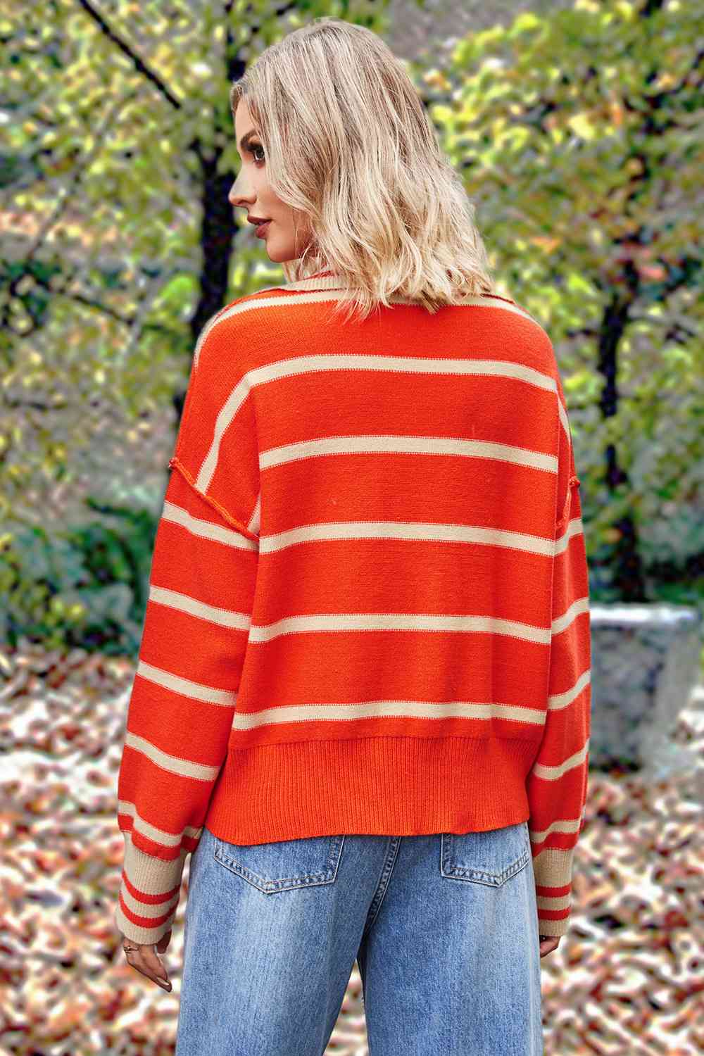 Striped Collared Long Sleeve Sweater - Deals DejaVu