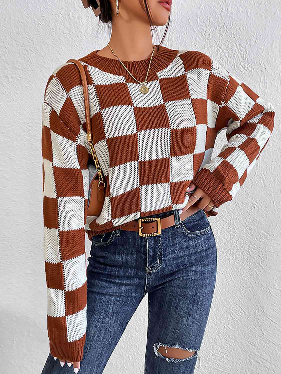 Checkered Round Neck Sweater - Deals DejaVu