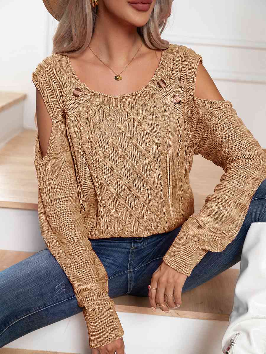 Decorative Button Cold-Shoulder Sweater - Deals DejaVu