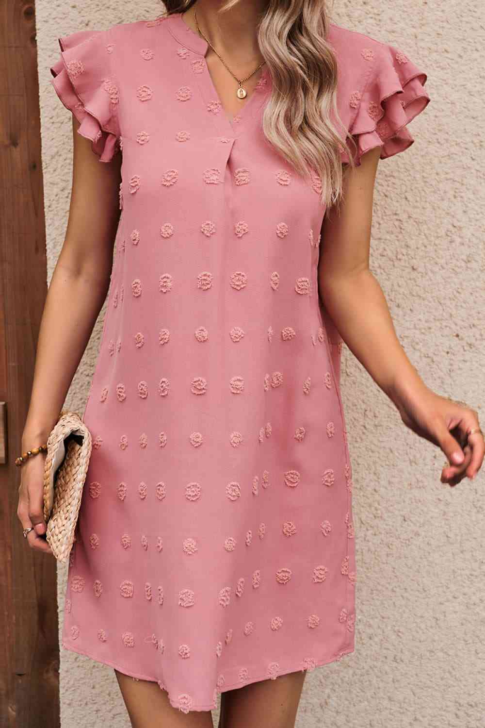 Swiss Dot Notched Neck Flutter Sleeve Dress - Deals DejaVu