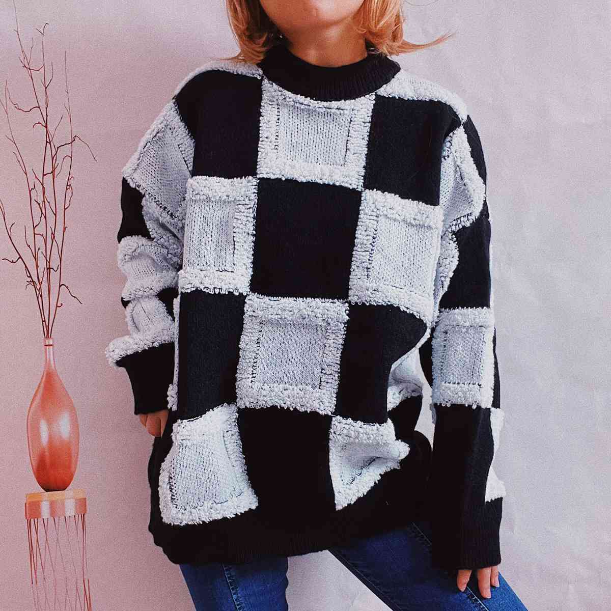 Checkered Round Neck Long Sleeve Sweater - Deals DejaVu