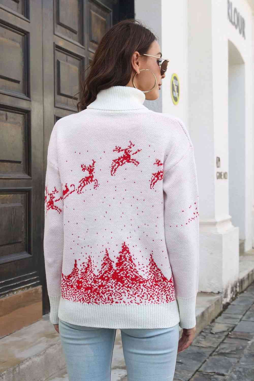 Reindeer & Snow Pattern Turtle Neck Pullover Sweater - Deals DejaVu