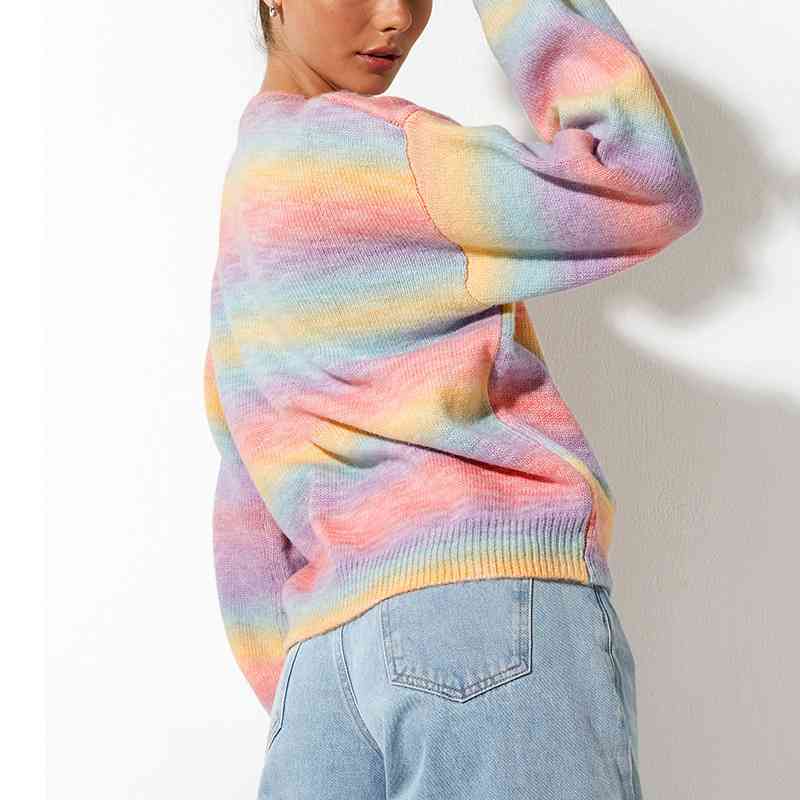 Gradient Round Neck Long Sleeve Sweater - Deals DejaVu