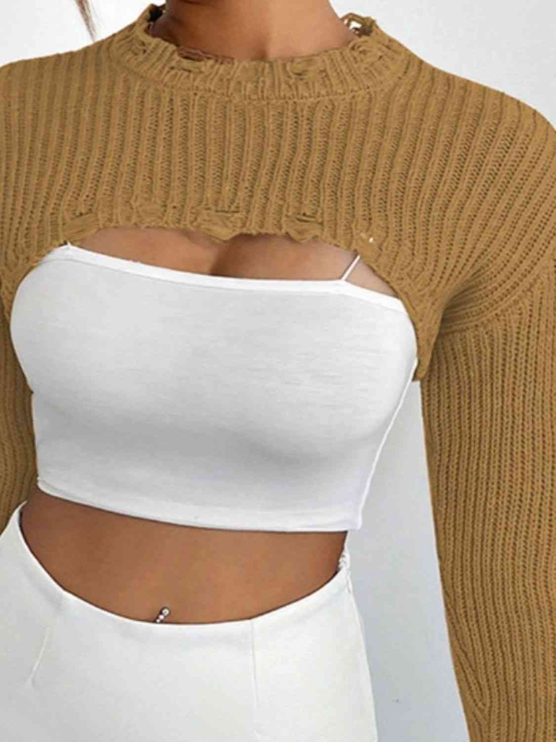 Distressed Long Sleeve Cropped Sweater - Deals DejaVu