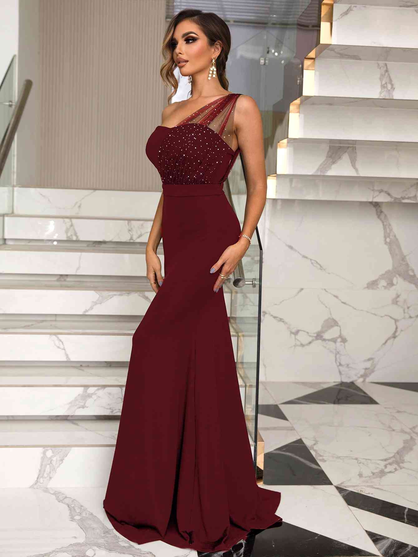 Rhinestone One-Shoulder Formal Dress (BWM) T - Deals DejaVu