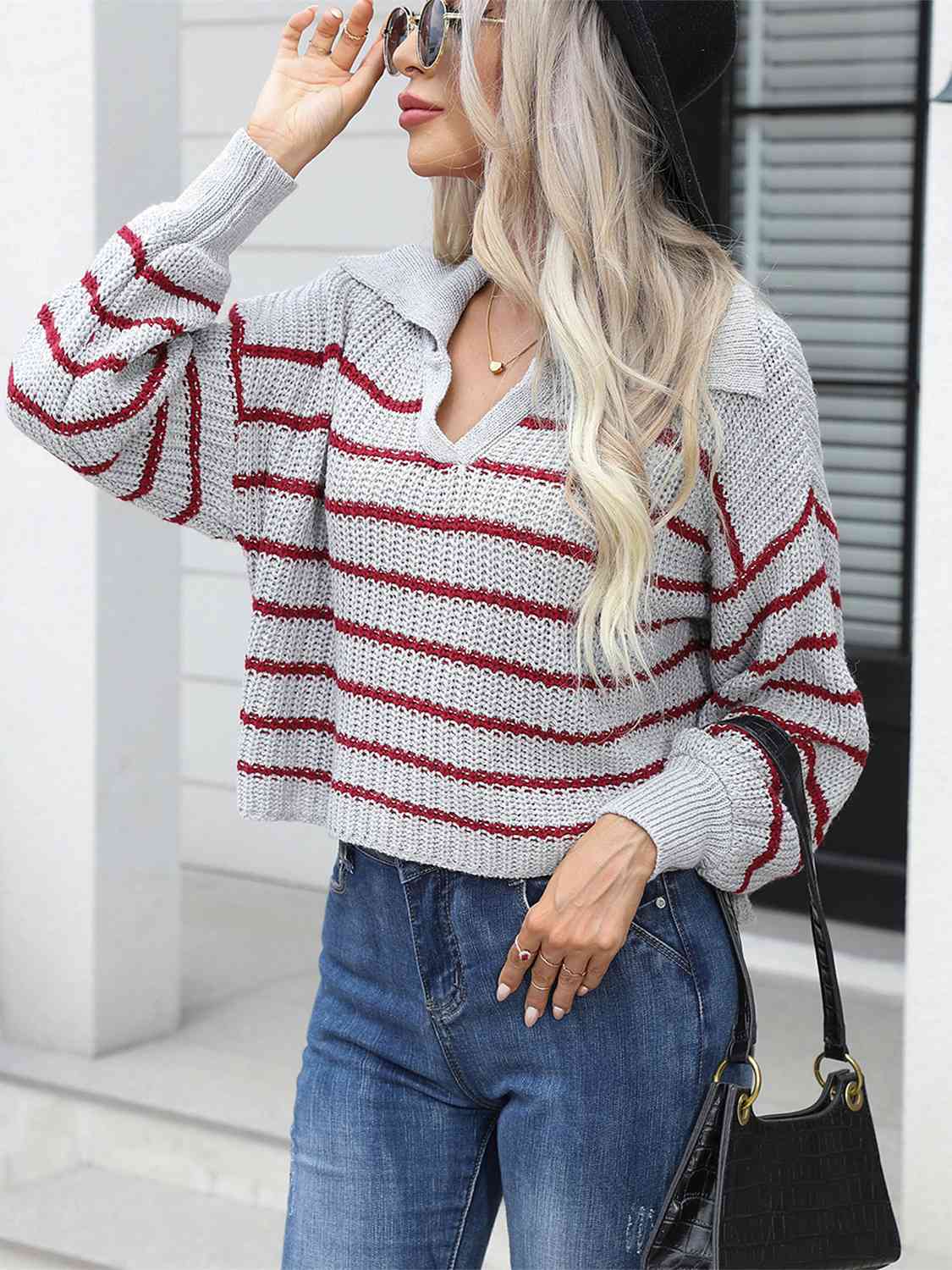 Striped Johnny Collar Rib-Knit Sweater - Deals DejaVu