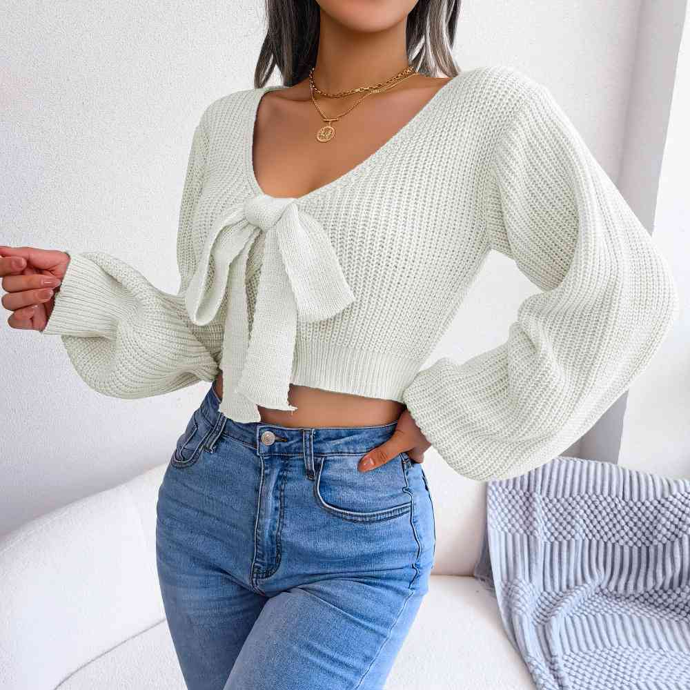 Tie-Front Rib-Knit Cropped Sweater - Deals DejaVu