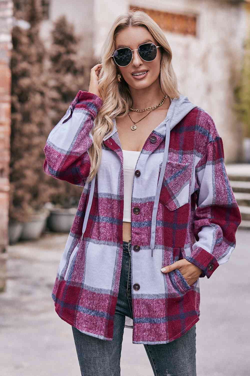 Plaid Dropped Shoulder Hooded Jacket (BFD) T - Deals DejaVu