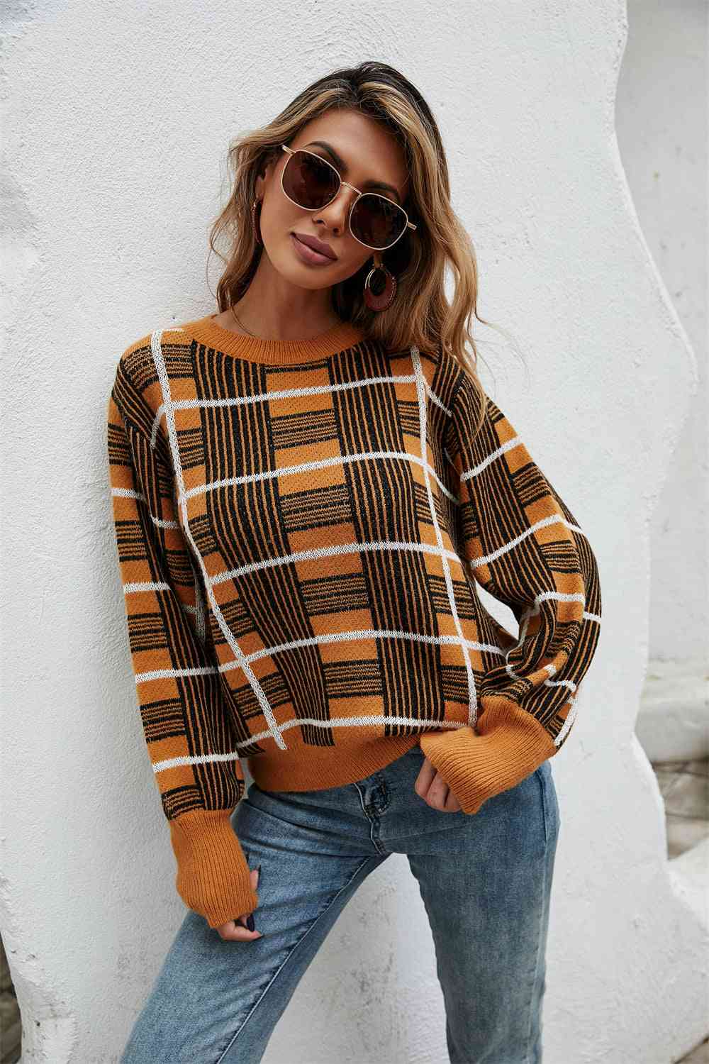 Printed Round Neck Dropped Shoulder Sweater - Deals DejaVu