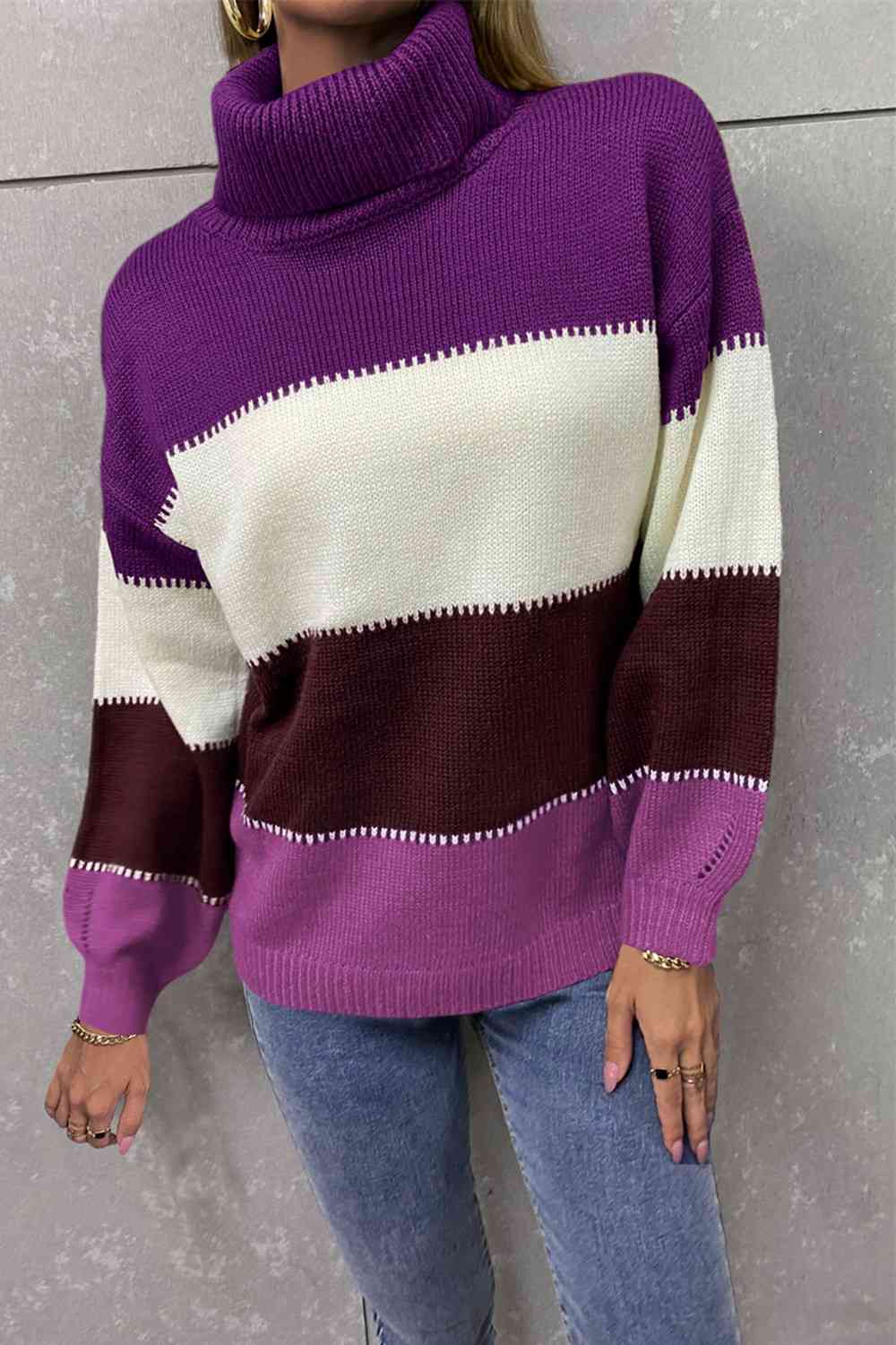 Color Block Lantern Sleeve Turtleneck Sweater - Deals DejaVu