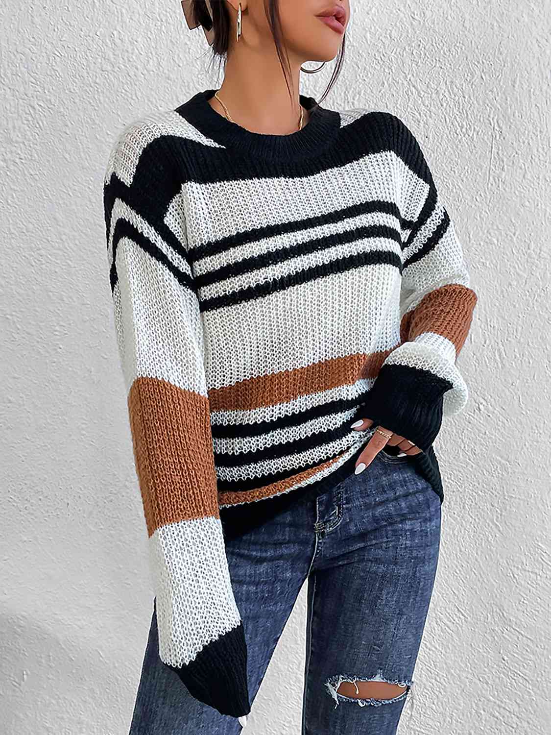 Striped Round Neck Sweater - Deals DejaVu