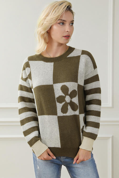 Contrast Round Neck Long Sleeve Sweater - Deals DejaVu