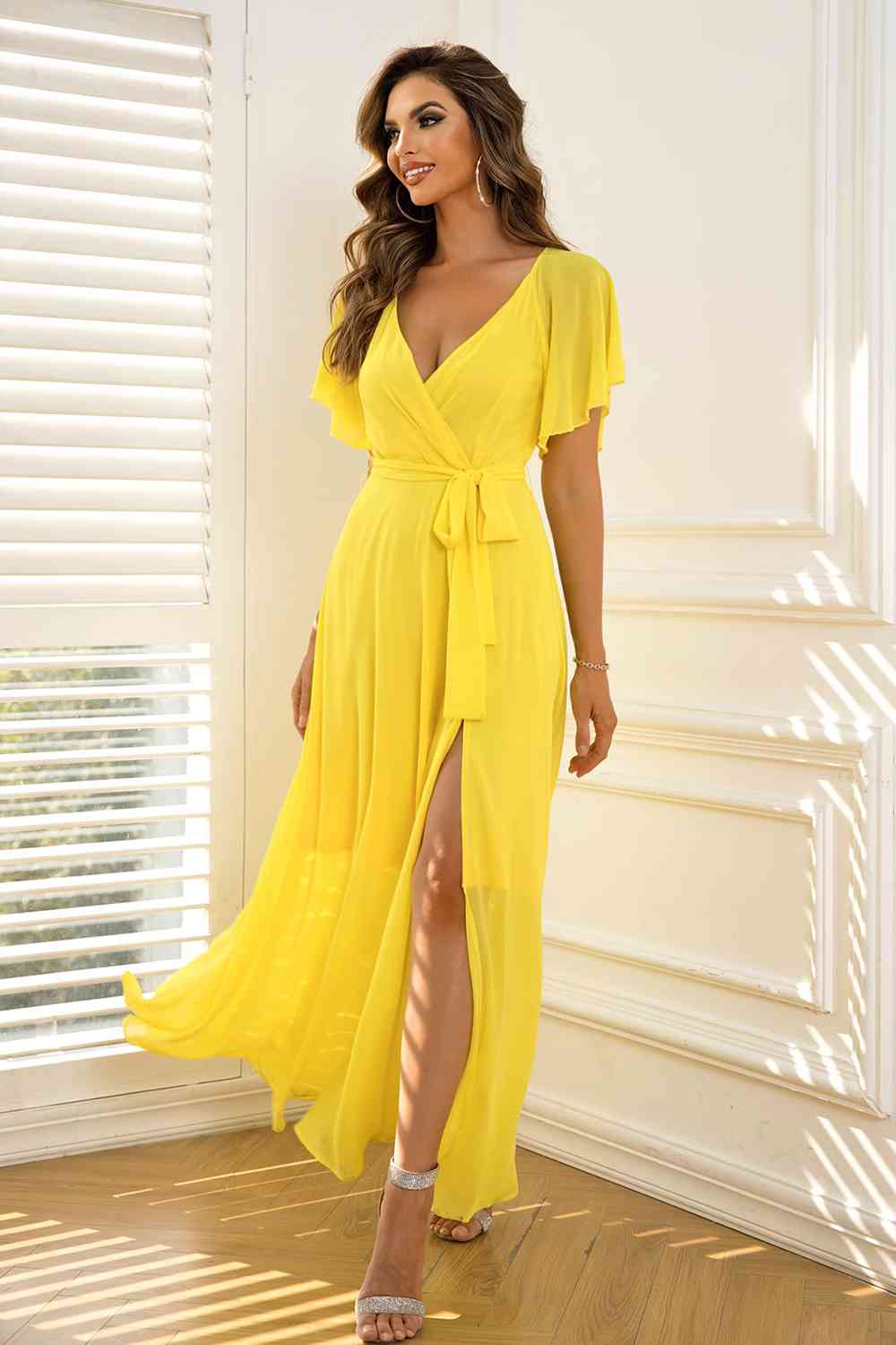 Tie Waist Flutter Sleeve Maxi Dress (BWM) T - Deals DejaVu