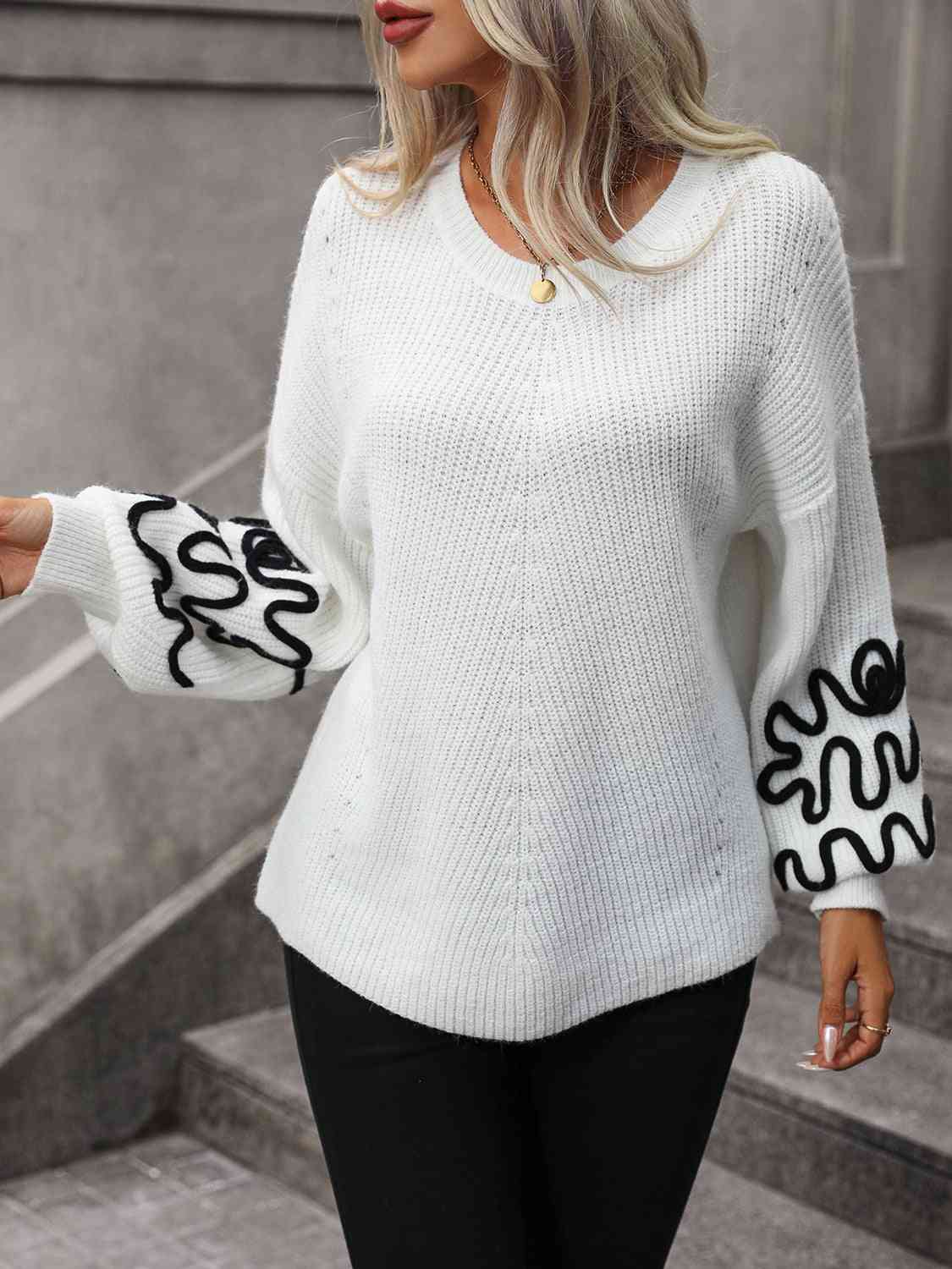 Contrast Drop Shoulder Round Neck Sweater - Deals DejaVu