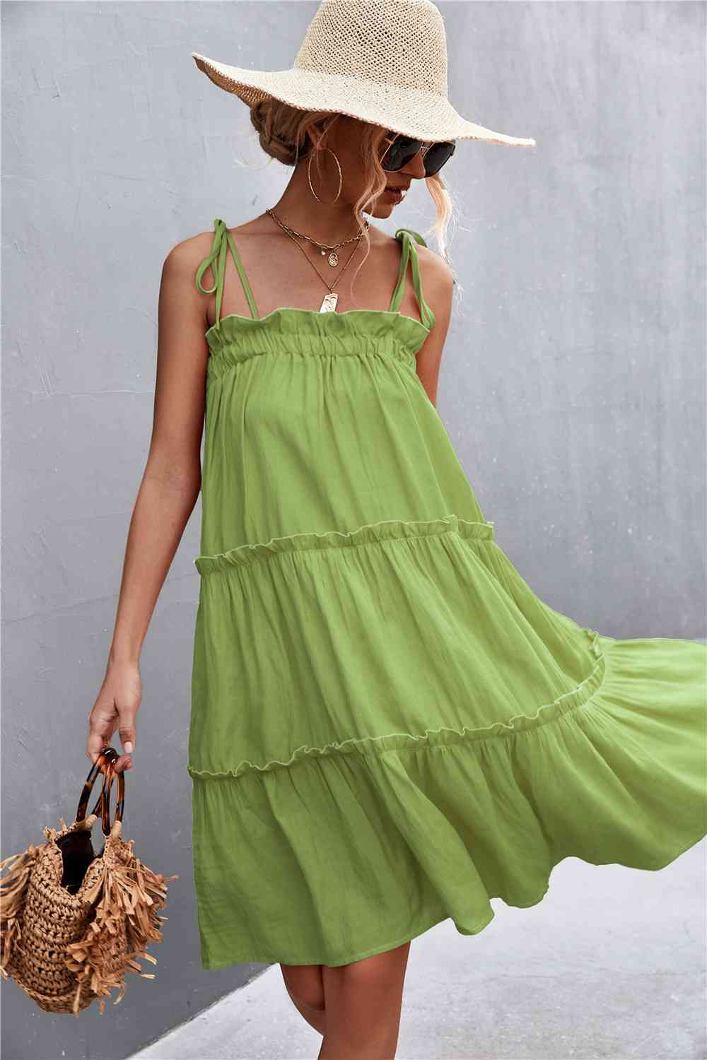 Tie-Shoulder Frill Trim Sleeveless Dress - Deals DejaVu