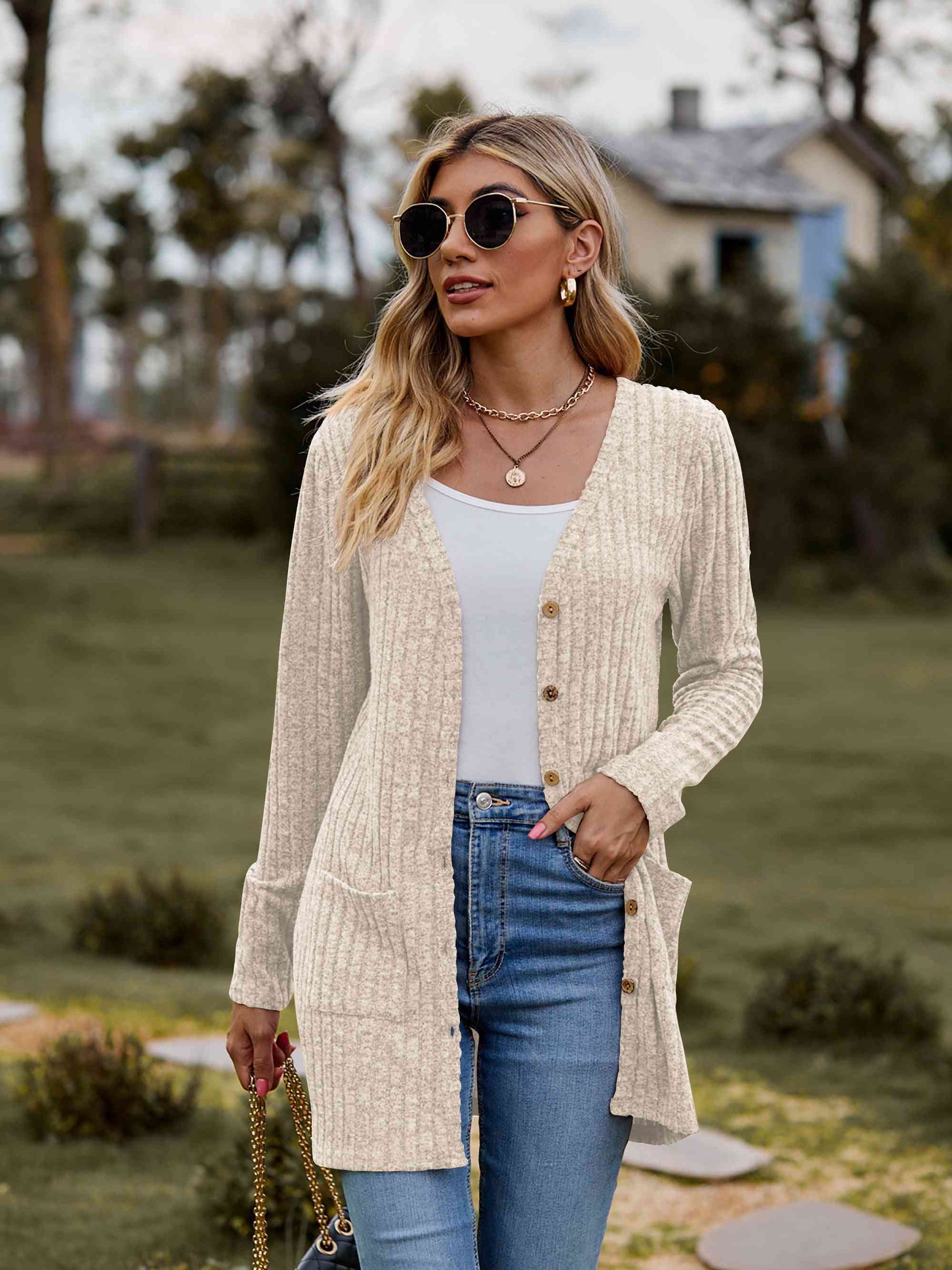 Ribbed Button-Up Cardigan with Pockets (BFD) T - Deals DejaVu