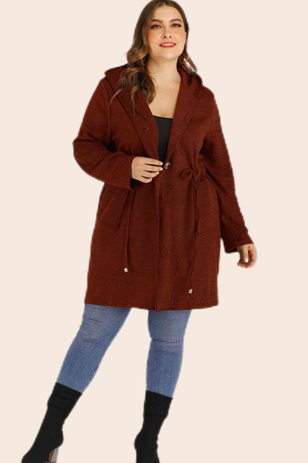 Plus Size Drawstring Waist Hooded Cardigan with Pockets - Deals DejaVu