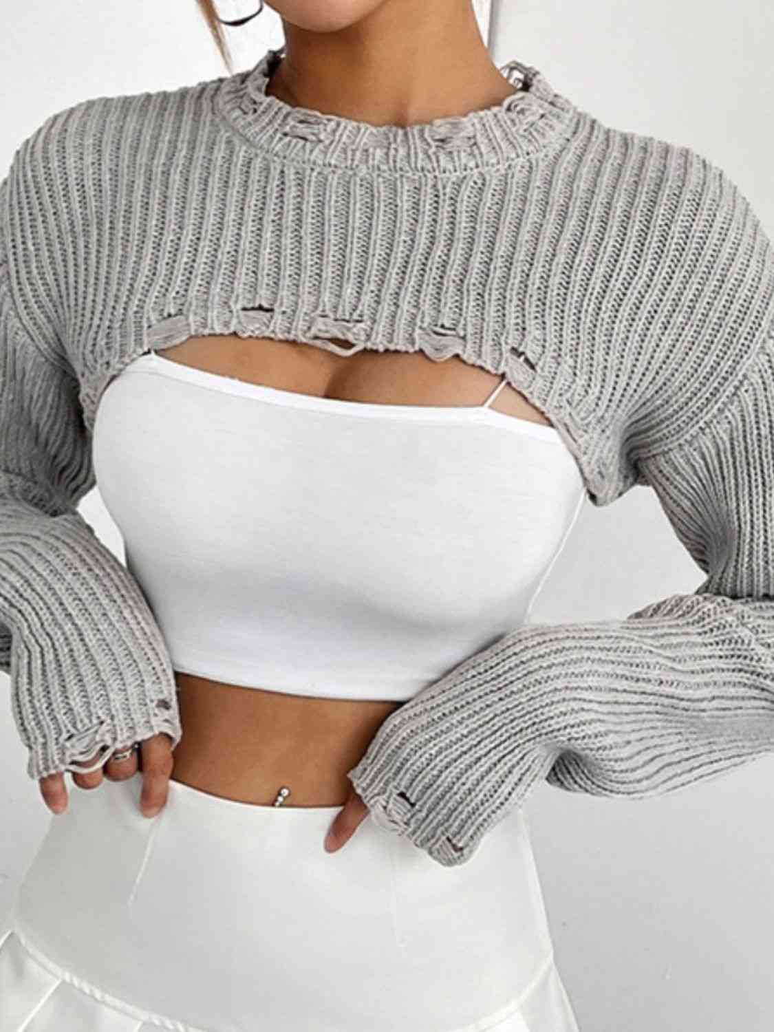 Distressed Long Sleeve Cropped Sweater - Deals DejaVu