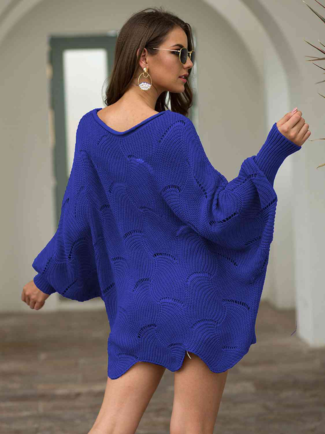 Full Size Boat Neck Lantern Sleeve Openwork Knit Top - Deals DejaVu