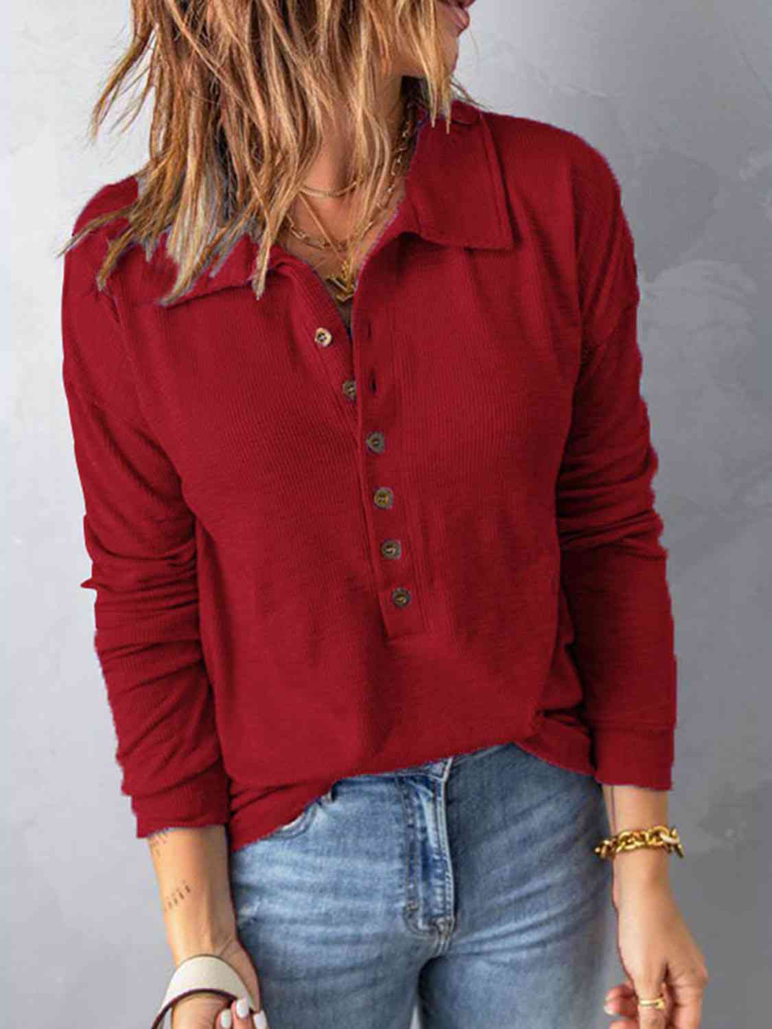 Collared Neck Half Button Top (BFD) T - Deals DejaVu