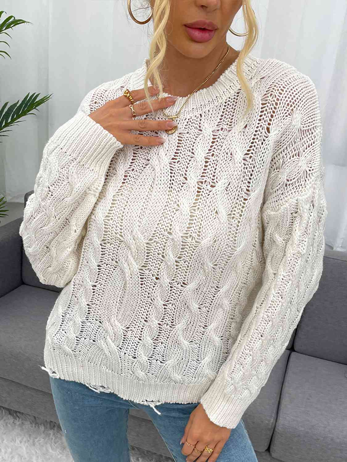 Openwork Distressed Long Sleeve Sweater - Deals DejaVu