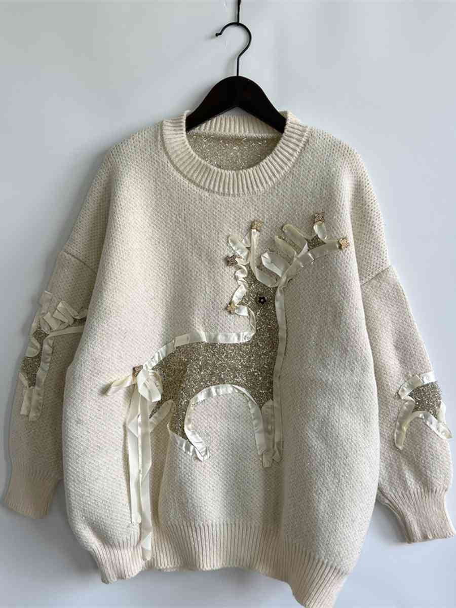 Reindeer Round Neck Long Sleeve Sweater - Deals DejaVu