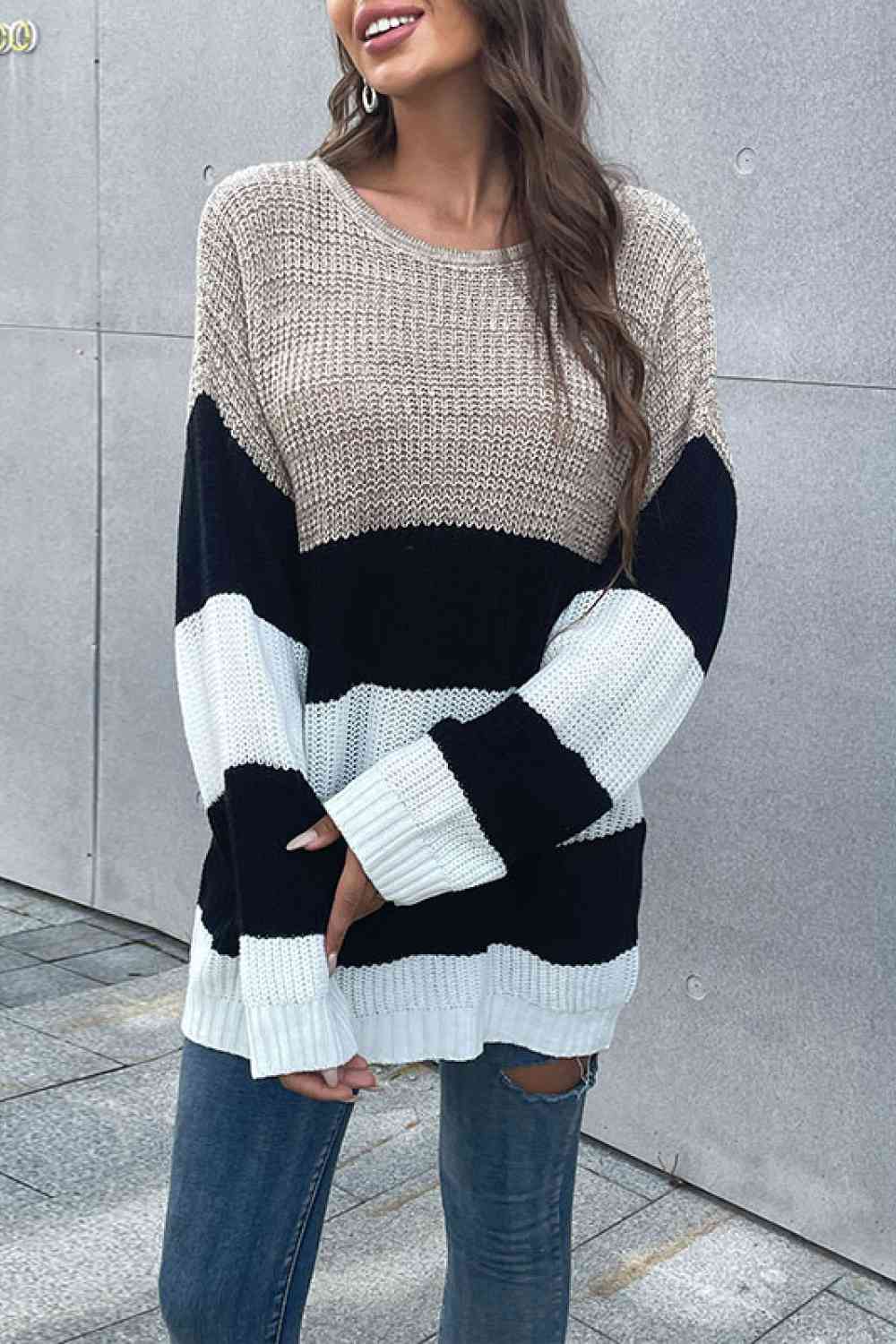 Color Block Striped Long Sleeve Sweater - Deals DejaVu