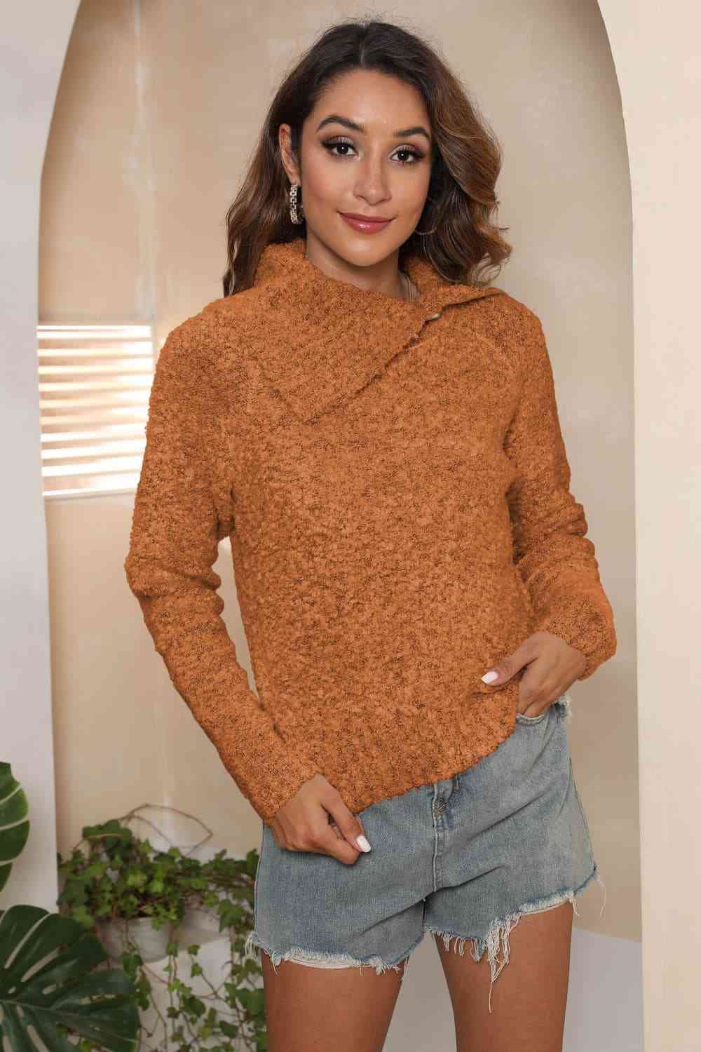 Asymmetrical Neck Long Sleeve Pullover Sweater - Deals DejaVu