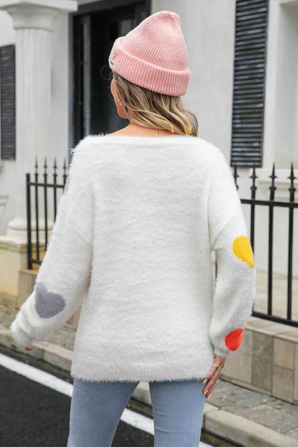 Heart Pattern Round Neck Long Sleeve Sweater - Deals DejaVu