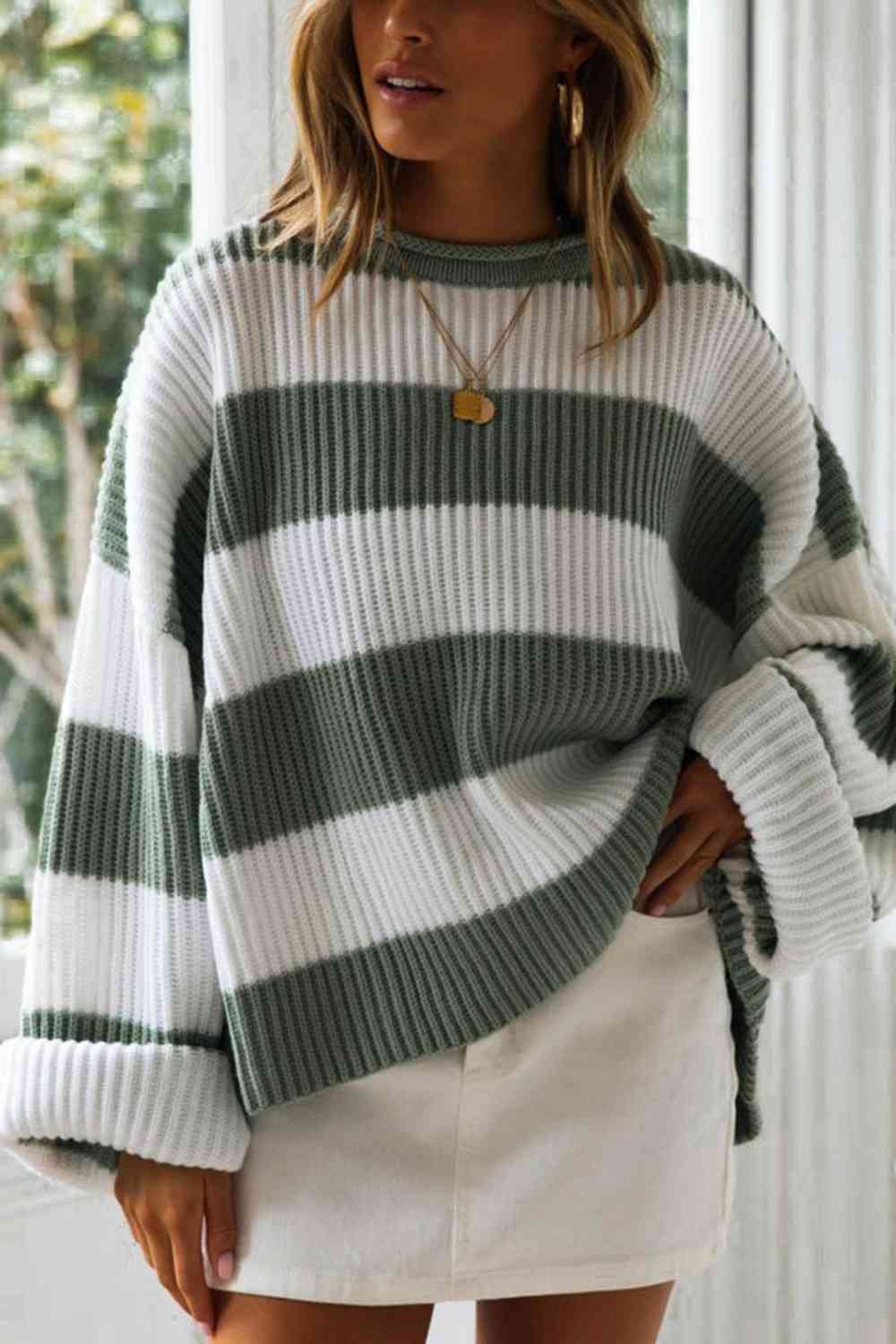 Striped Round Neck Long Sleeve Sweater - Deals DejaVu