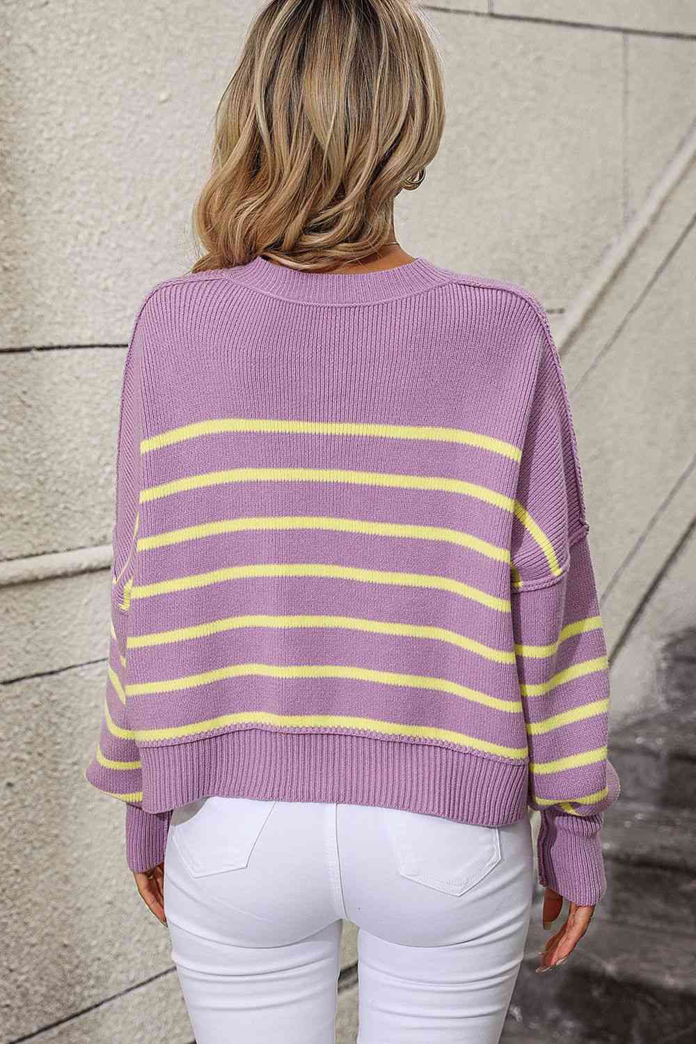 Striped Dropped Shoulder Round Neck Pullover Sweater - Deals DejaVu