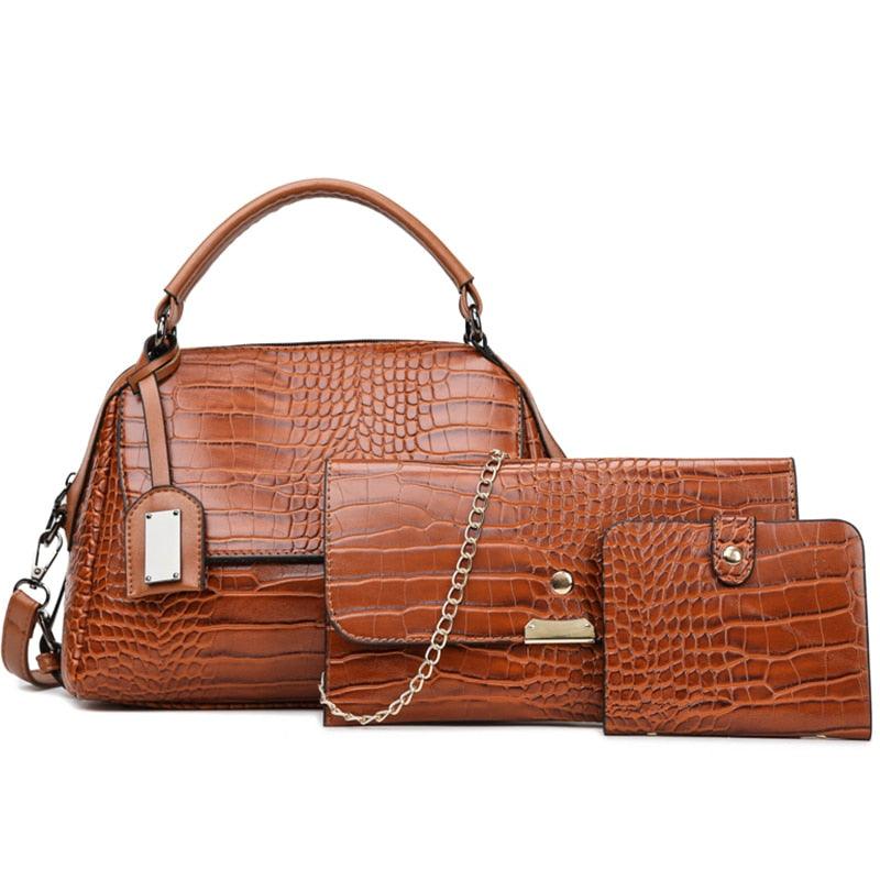 Gorgeous 3pcs/Sets Women Leather Luxury Handbags - Vintage Crocodile Pattern Tote Shoulder Bags (WH1)(WH6)(WH2)(F43)