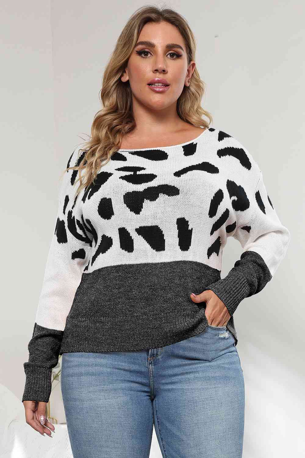 Plus Size Leopard Round Neck Long Sleeve Sweater - Deals DejaVu