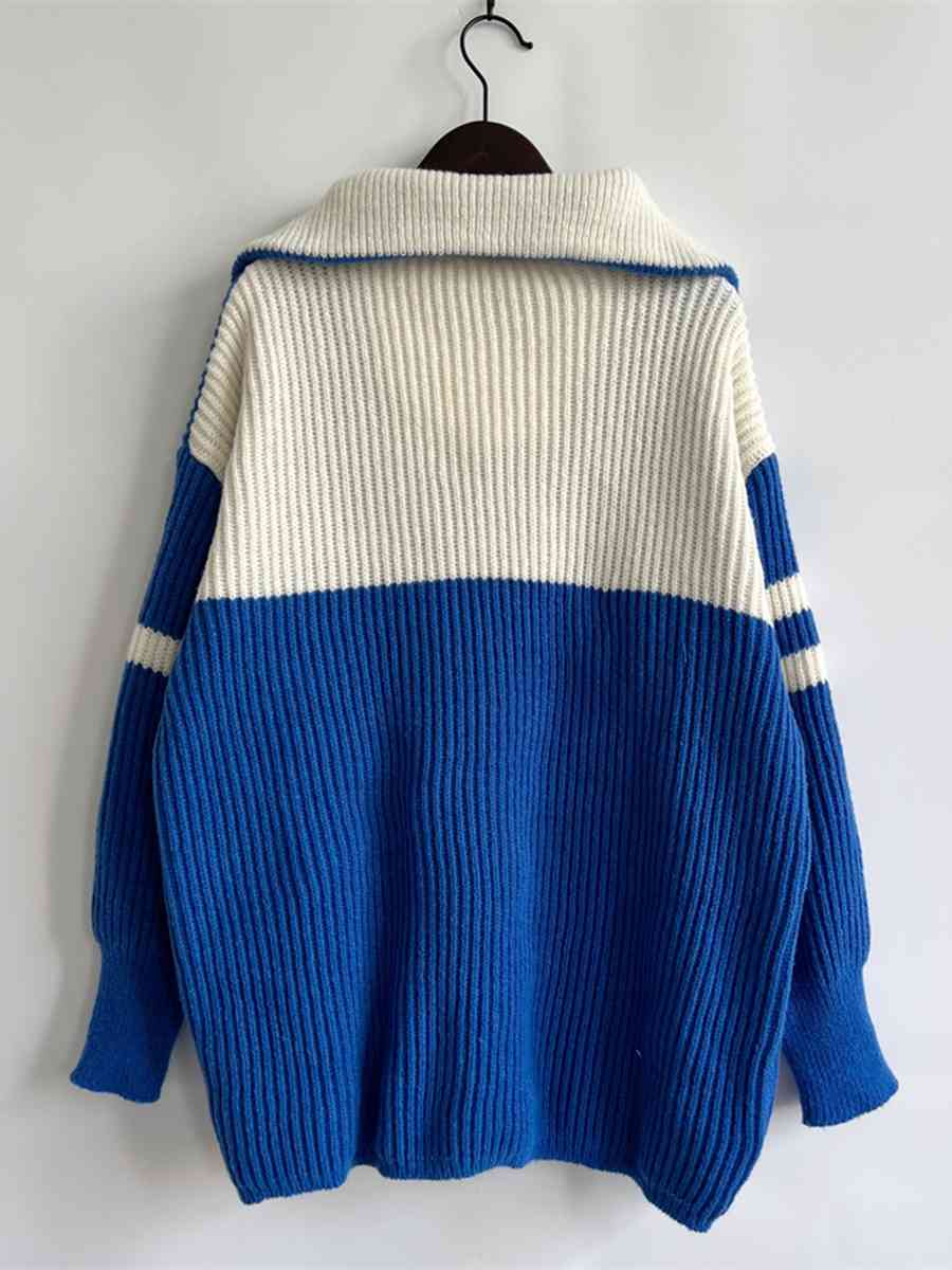 Ribbed Two-Tone Half Zip Sweater - Deals DejaVu