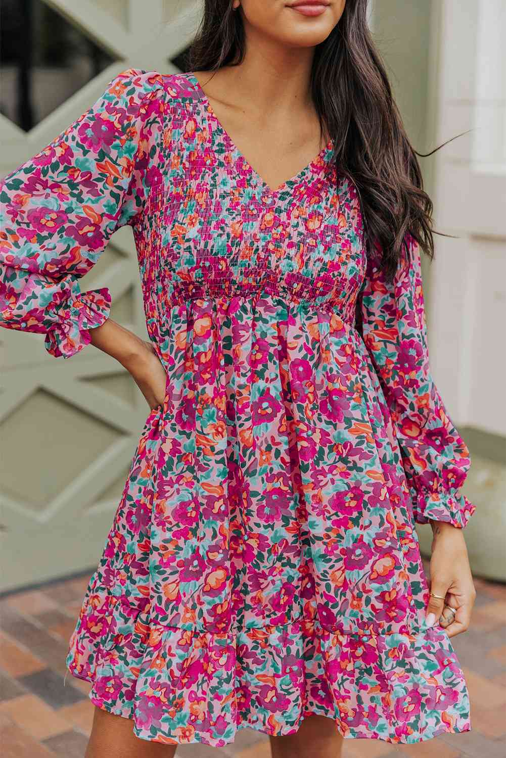 Floral Smocked V-Neck Flounce Sleeve Dress (MWBT) T - Deals DejaVu