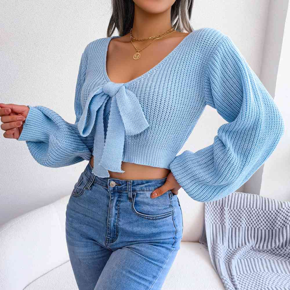 Tie-Front Rib-Knit Cropped Sweater - Deals DejaVu