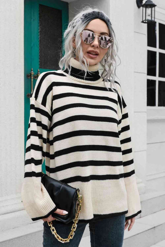 Striped Turtleneck Drop Shoulder Sweater - Deals DejaVu