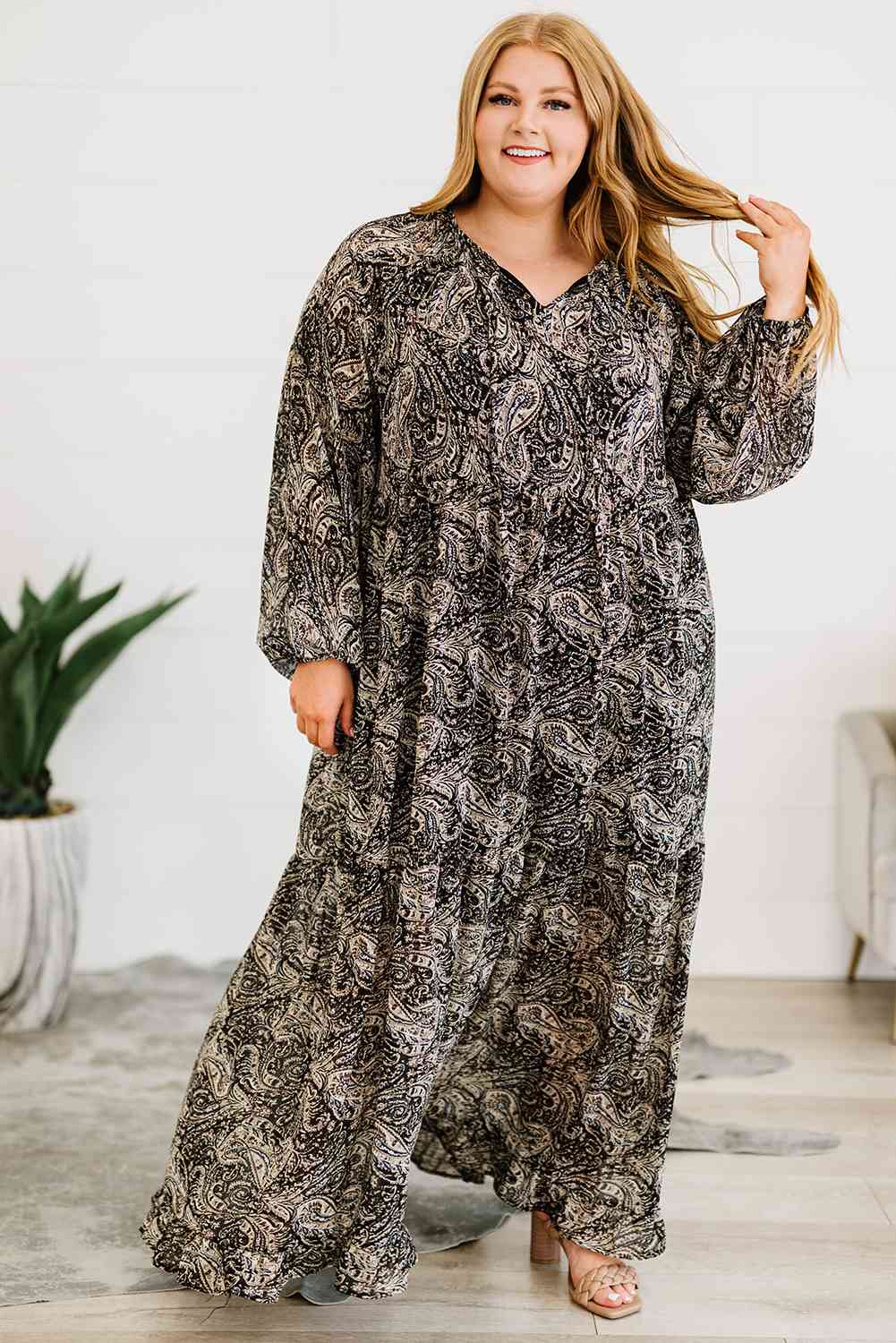 Plus Size Paisley Print Balloon Sleeve Maxi Dress (BWMT) T - Deals DejaVu