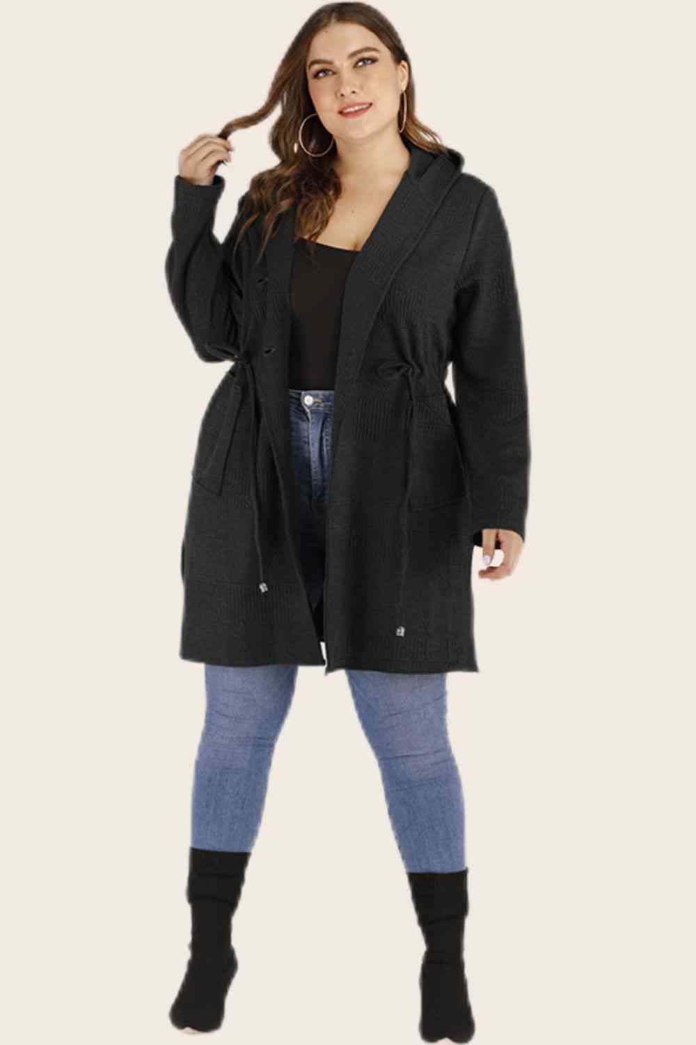 Plus Size Drawstring Waist Hooded Cardigan with Pockets - Deals DejaVu