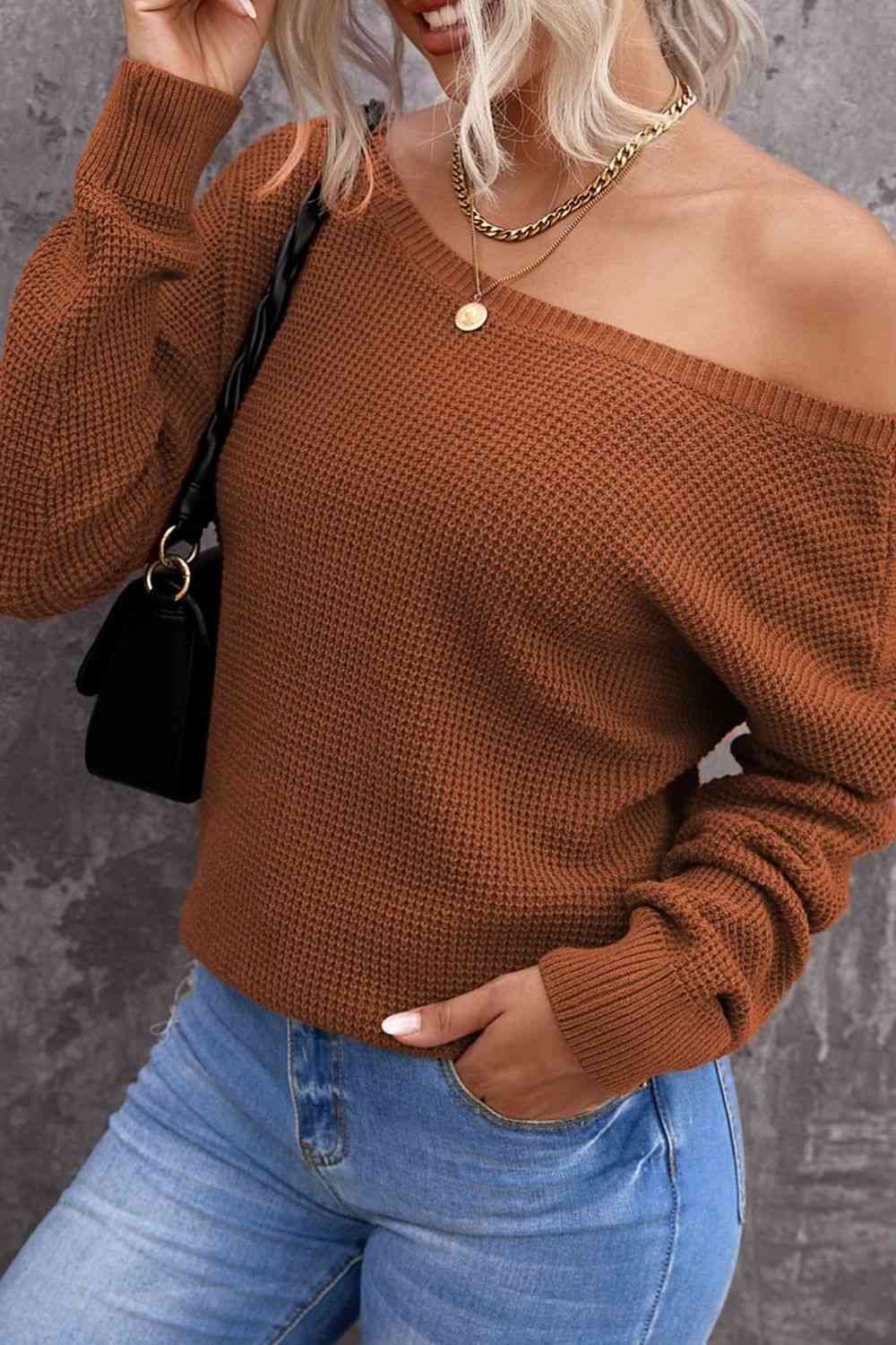 Woven Right Crisscross Back Waffle-Knit Sweater - Deals DejaVu