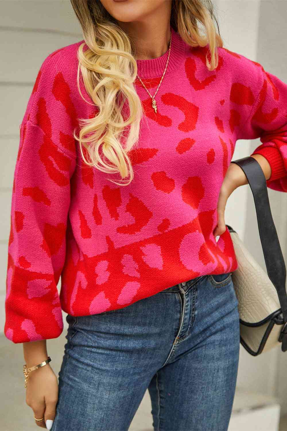 Woven Right Leopard Round Neck Dropped Shoulder Sweater - Deals DejaVu