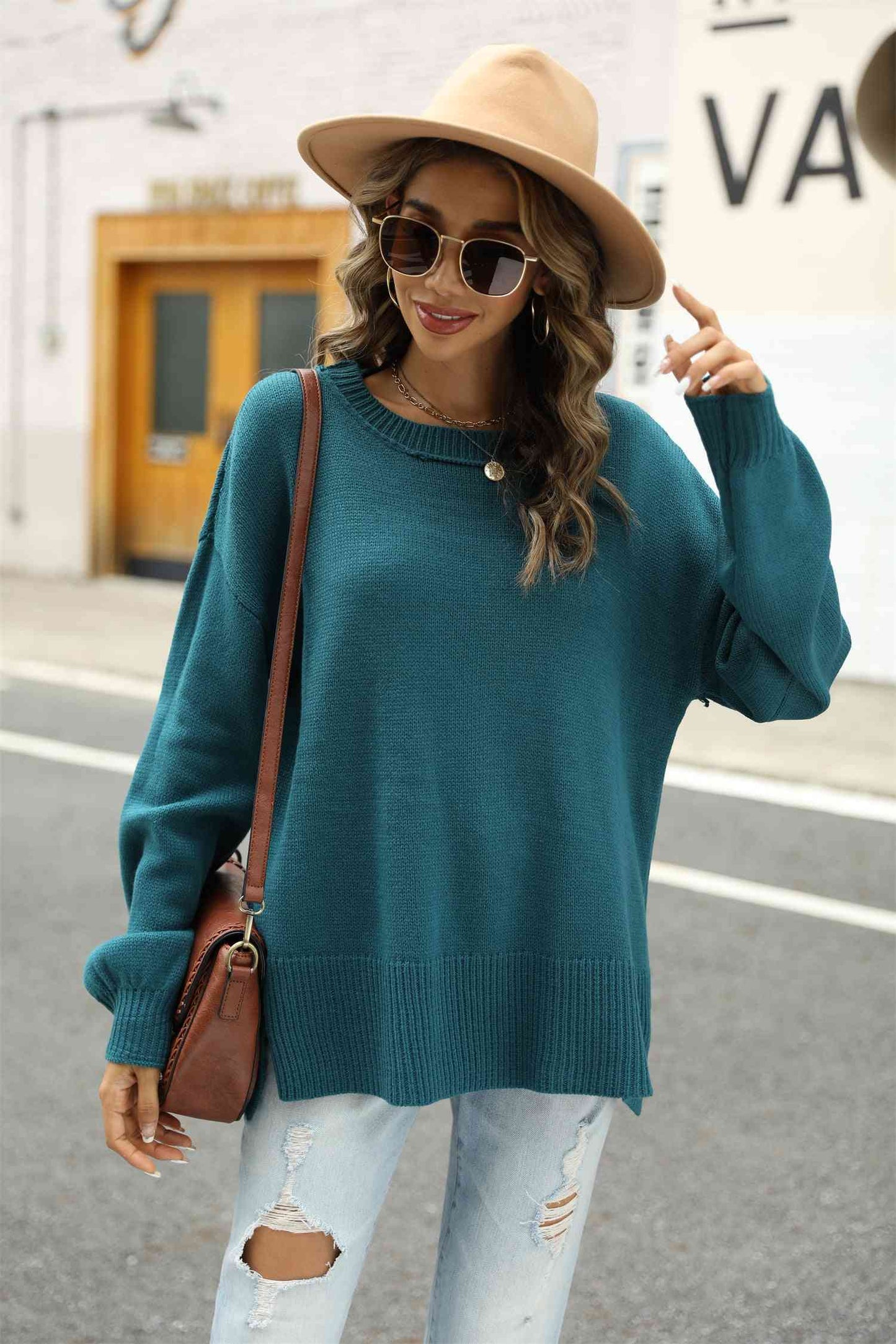 Round Neck Dropped Shoulder Slit Sweater - Deals DejaVu