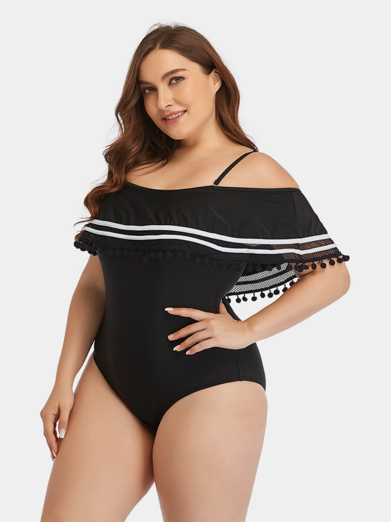 Plus Size Striped Cold-Shoulder One-Piece Swimsuit (TB10D) T