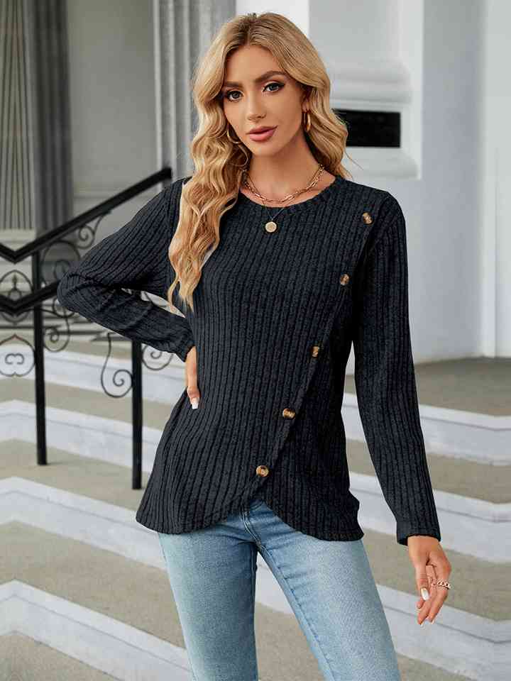 Round Neck Ribbed Button Detail Blouse - Deals DejaVu