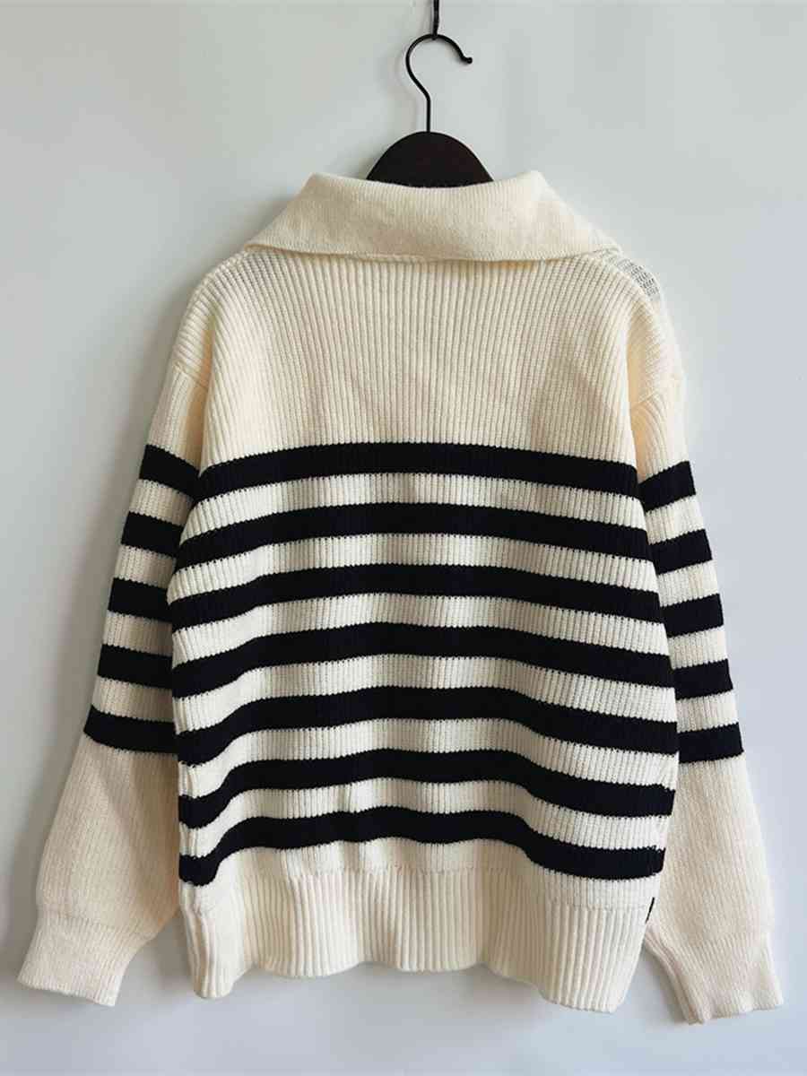 Striped Half Zip Collared Sweater - Deals DejaVu