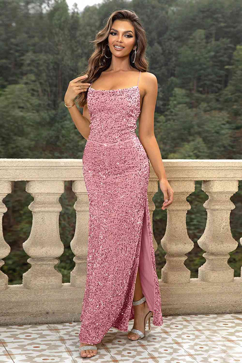 Sequin Backless Split Maxi Dress (BWM) T - Deals DejaVu