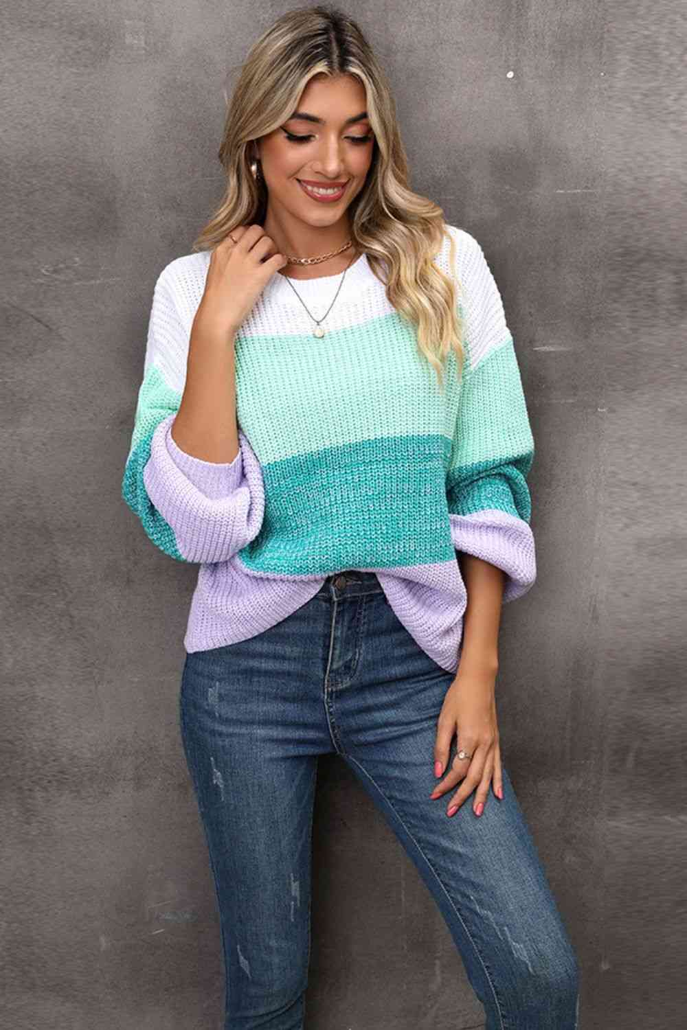 Color Block Round Neck Dropped Shoulder Sweater - Deals DejaVu